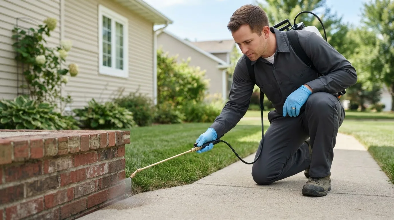 Pest control technician treating a home near Midland, MI